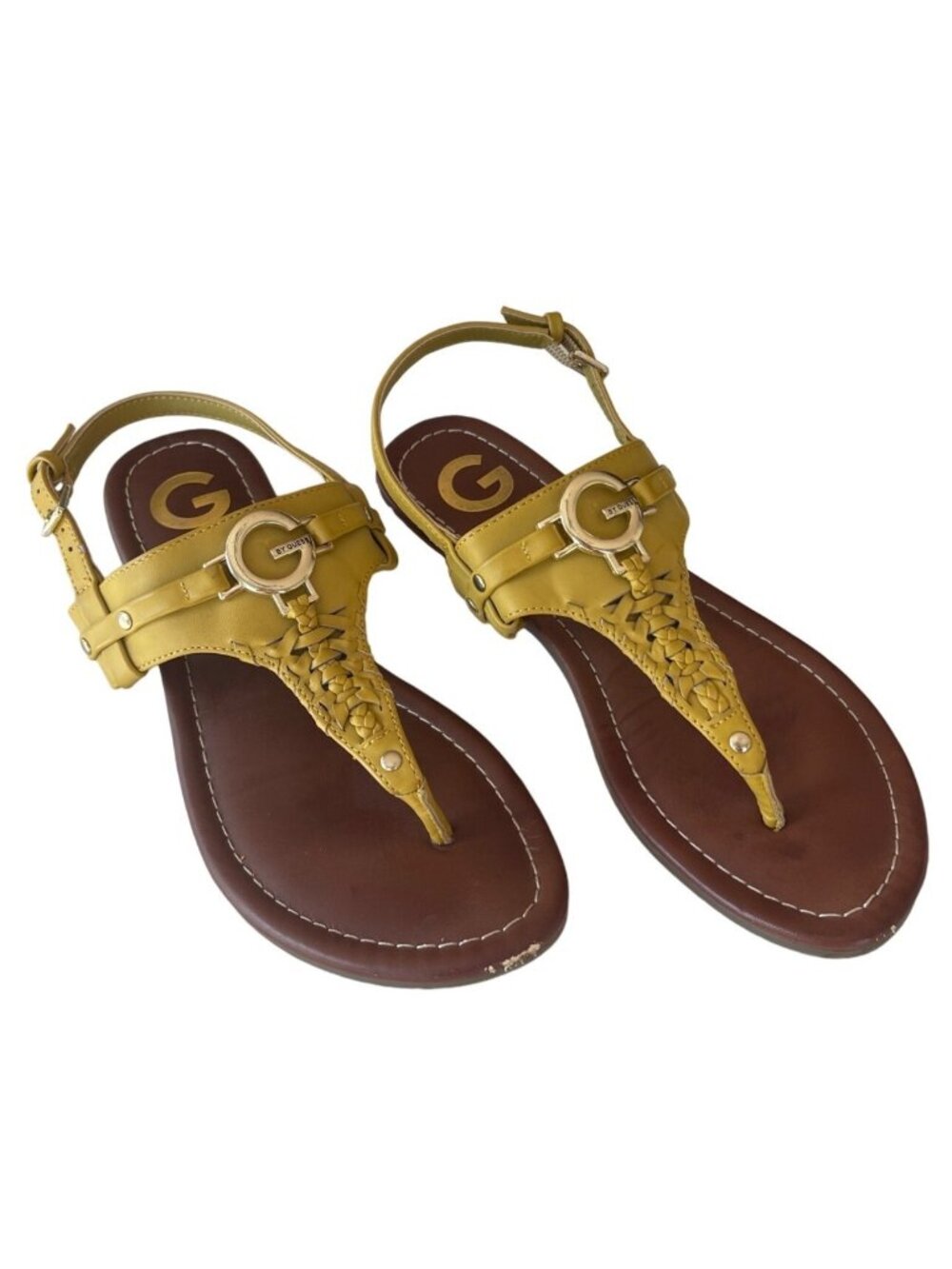Guess Sz 7.5M Yellow Braided Strap Flat Sandals Casual Slip-On Resort Wear